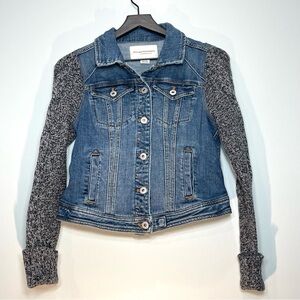 PILCRO ANTHROPOLOGIE Women's Blue Denim Jacket Knit Sweater Sleeves Size Small